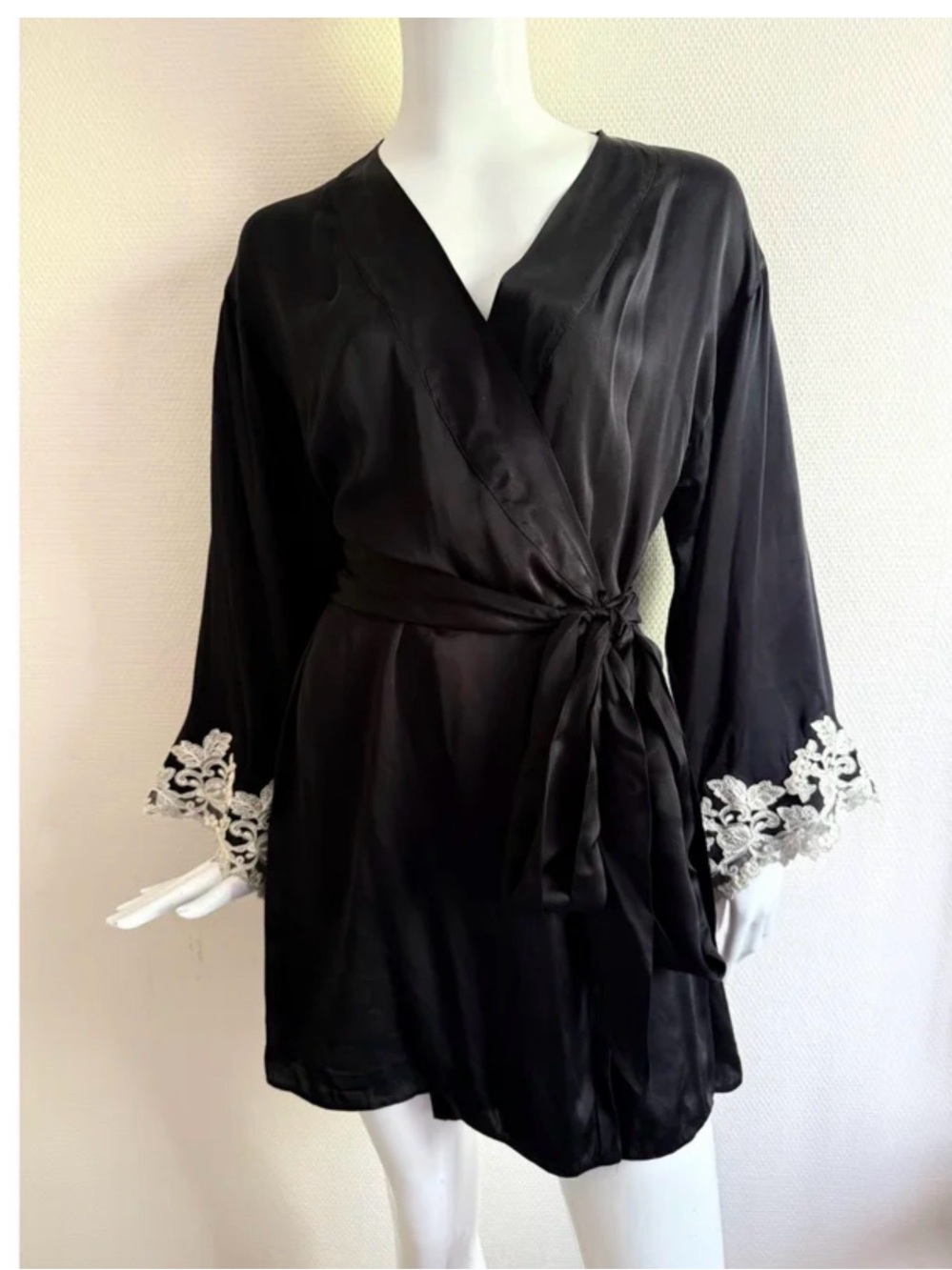 La Perla Black Silk Wrap Robe with White Lace Cuffs